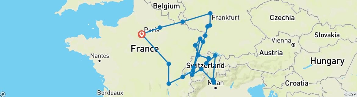 Map of France and Switzerland with Alsace and Black Forest (including Fribourg)