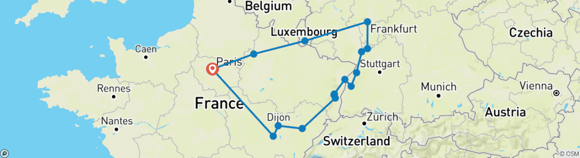 Map of Burgundy, Alsace and Black Forest End Paris