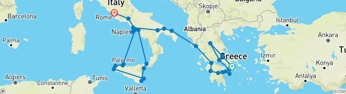 Map of Complete Greece and Sicily (30 destinations)