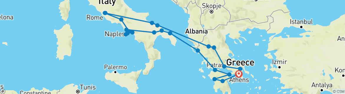 Carte du circuit Grèce et cœur de l'Italie avec Meteoras (including Corinthe)