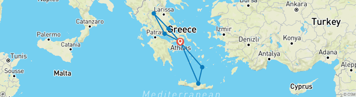 Map of Crete and Northern Greece (7 destinations)