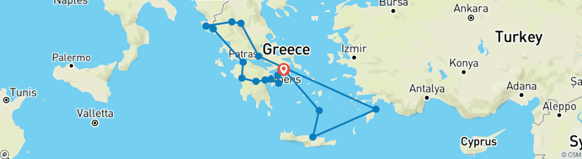 Karte von Athen, Peloponnes, Nordgriechenland und griechische Inseln (17 Destinationen)