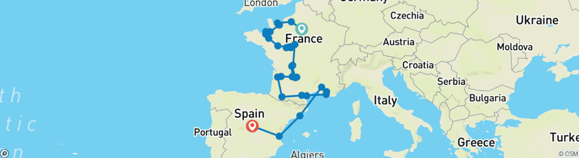 Map of Normandy, all of France and Spain (30 destinations)