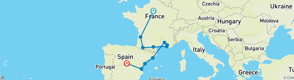 Map of Paris, Lourdes, Côte d Azur, Provence and Barcelona with Madrid (11 destinations)