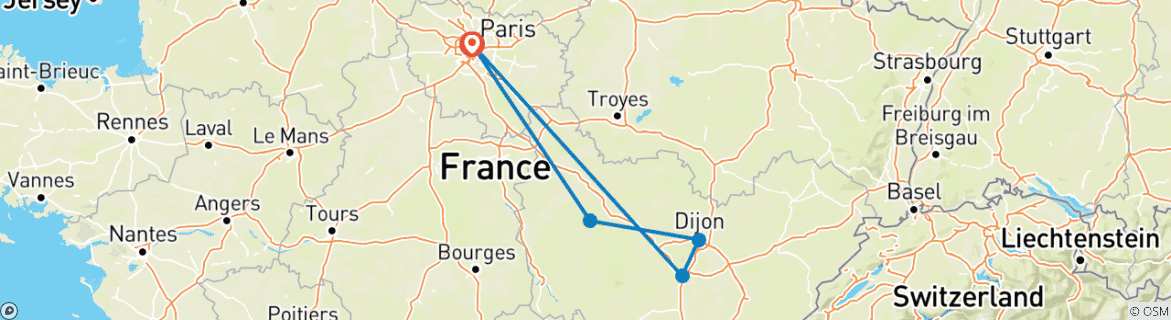 Carte du circuit Les merveilles de la Bourgogne (5 destinations)