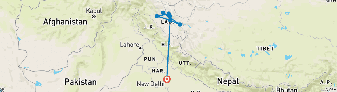 Kaart van Begeleide Ladakh Diepgaande Rondreis door vanuit Delhi