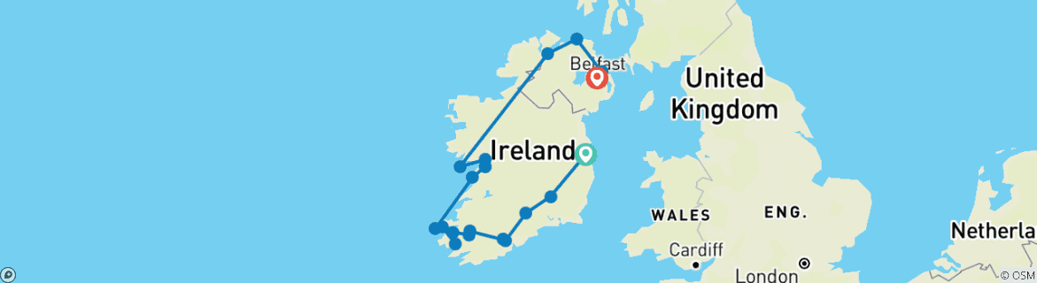 Image of a map showing the route of the tour