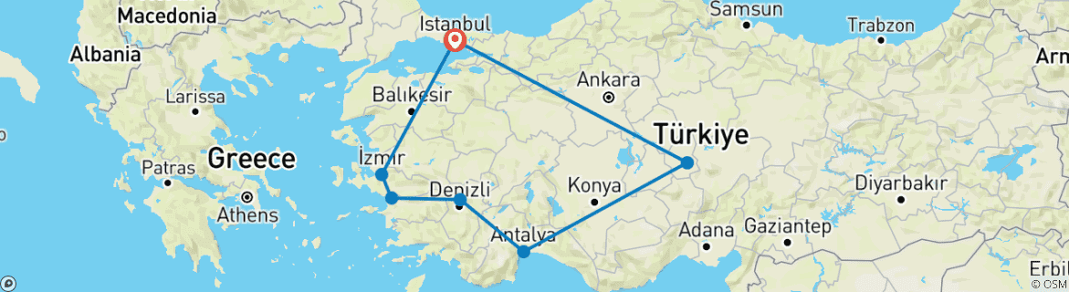 Carte du circuit Circuit du meilleur de la Turquie (Istanbul, Éphèse, Pamukkale, Antalya, Cappadoce) - 10 JOURS