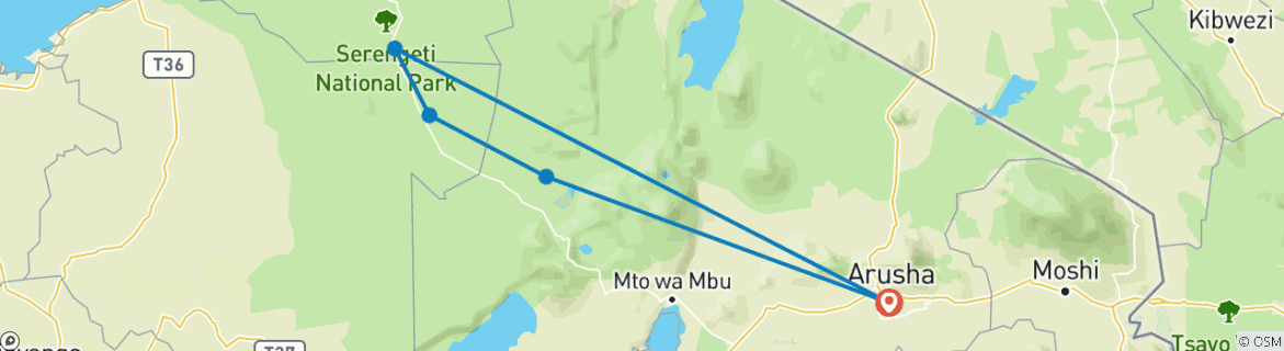 Mapa de Un viaje por el cráter del Ngorongoro y el Parque Nacional del Serengeti