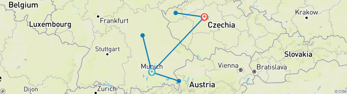 Mapa de 8 días en tren por Múnich, Núremberg, Salzburgo y Praga