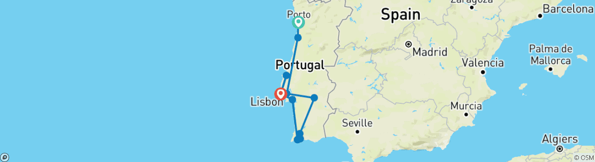 Map of Sunny Portugal featuring Porto  (Porto to Cascais) (2025)