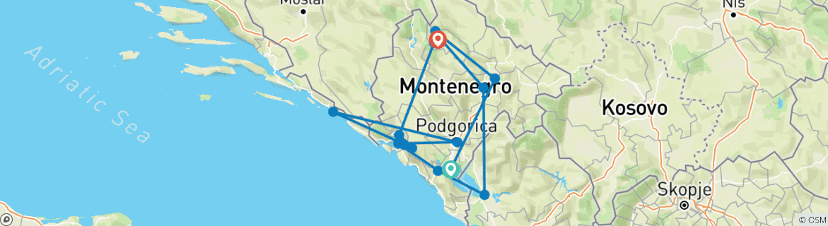 Carte du circuit Best of Montenegro - Aventure multiactivité autoguidée comprenant la randonnée, le cyclisme, le rafting, le kayak