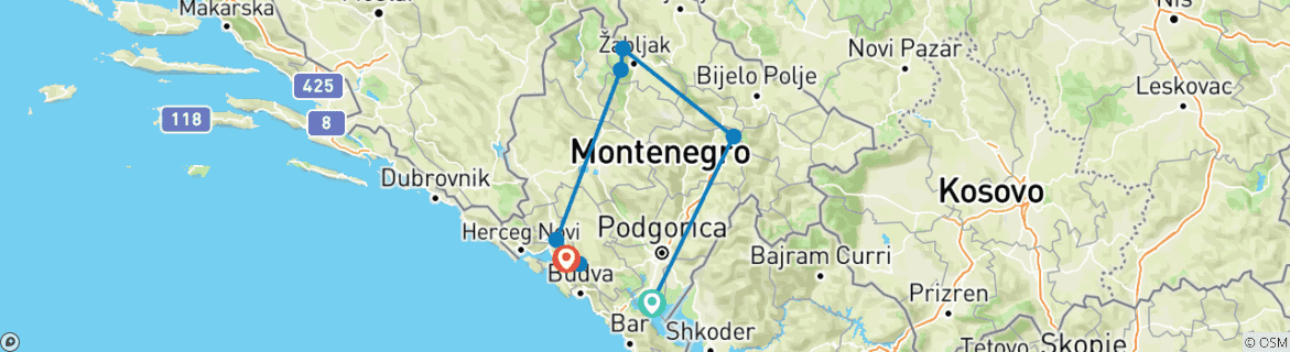 Karte von Best of Montenegro - Selbstgeführte Multiaktivitätsabenteuer inkl. Wandern, Radfahren, Rafting, Kajakfahren