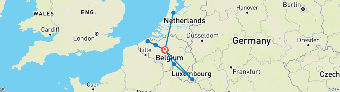 Map of 6 Day Belgium including Brussels, Luxemburg, and Amsterdam