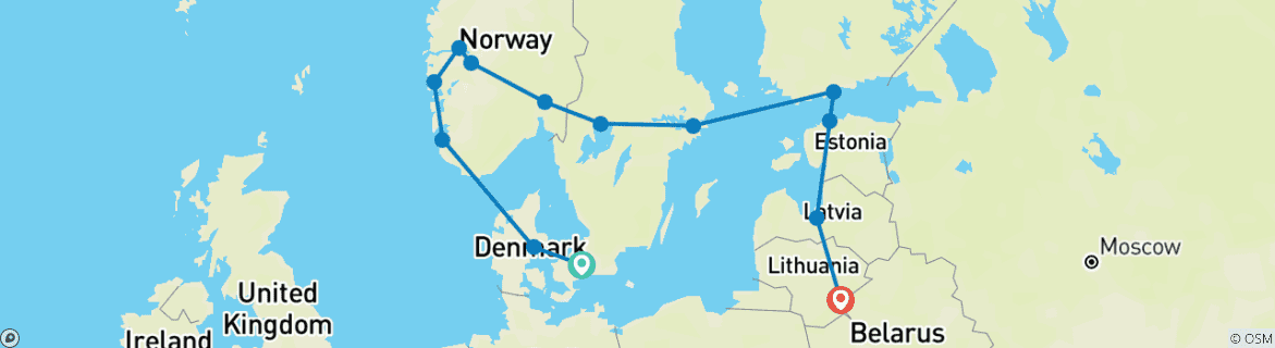 Kaart van Premium-rondreis door Scandinavië & de Baltische staten – 17 dagen