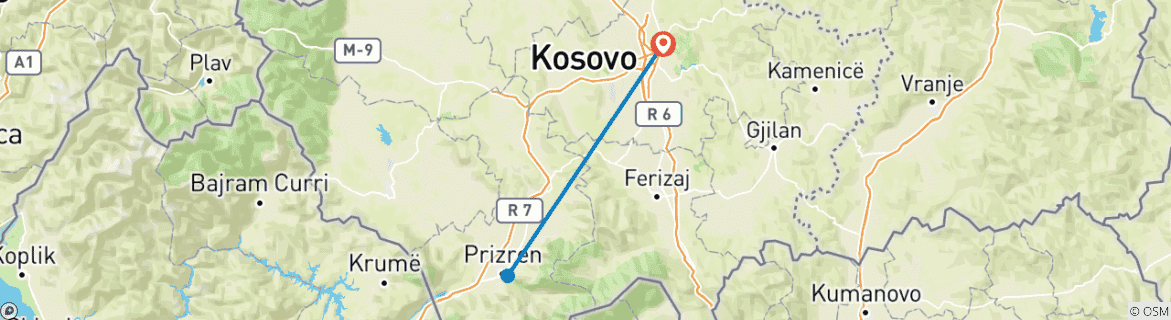 Mapa de Circuito de un día a Prizren desde Pristina; grupo pequeño