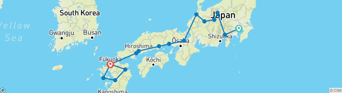 Kaart van Expeditie van Tokio naar Kyushu – met privégids & chauffeur – 20 dagen