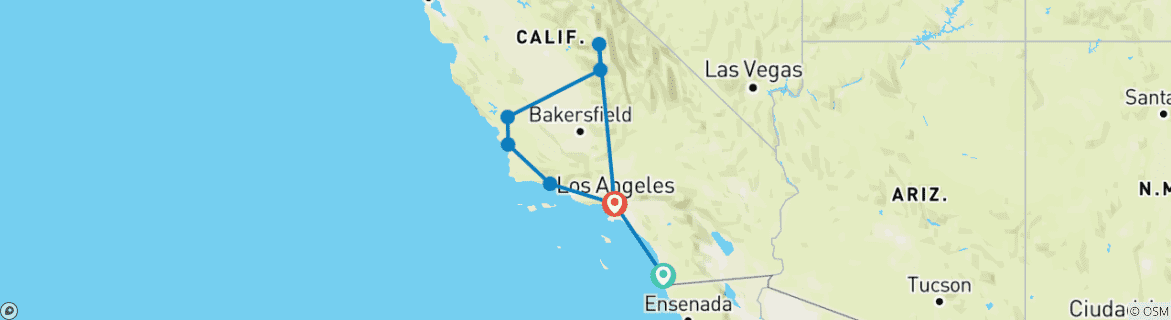 Map of Sequoia & Kings Canyon National Parks featuring San Diego and California’s Central Coast  (San Diego, CA to Los Angeles, CA)