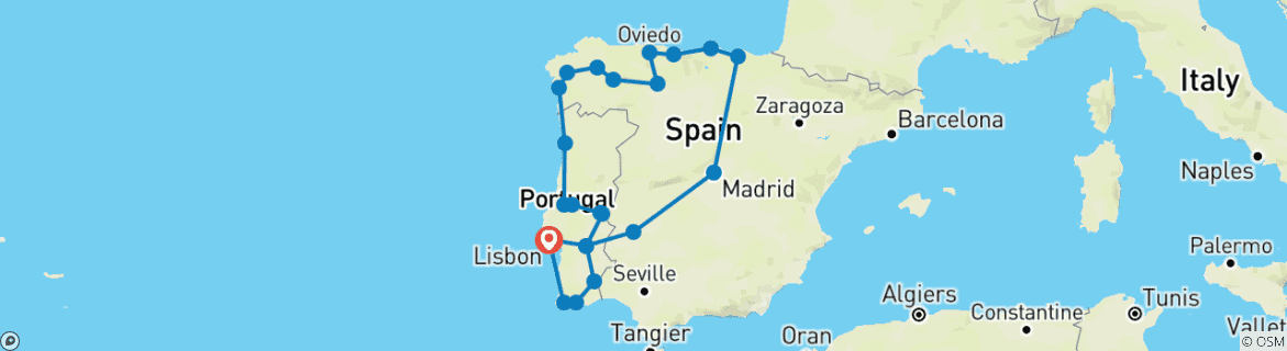 Map of Complete Portugal and Northern Spain end Lisbon (23 destinations)