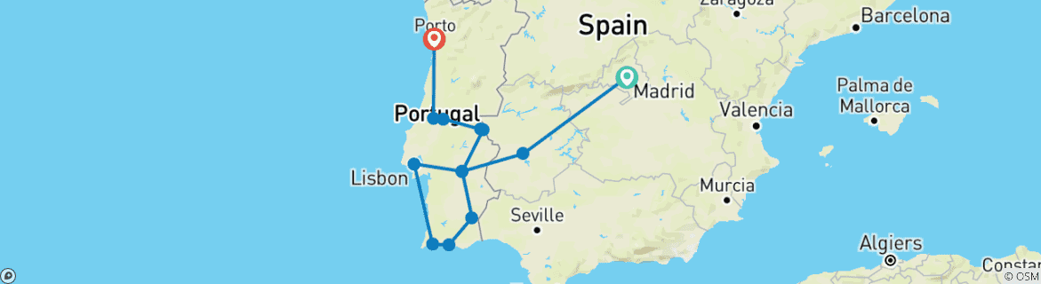 Carte du circuit Portugal - Algarve, Terres du Tage (fin à Porto) (13 destinations)