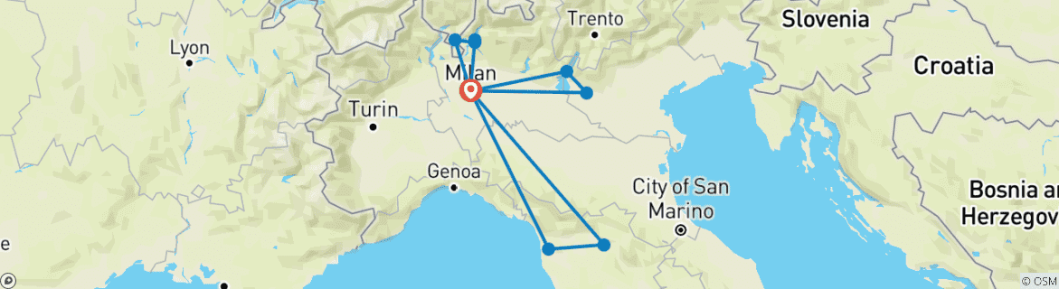 Map of 6 Day Milan including visit to Verona, Lake Garda, Florence, Pisa, Lake Como, Bellagio, & Lugano.