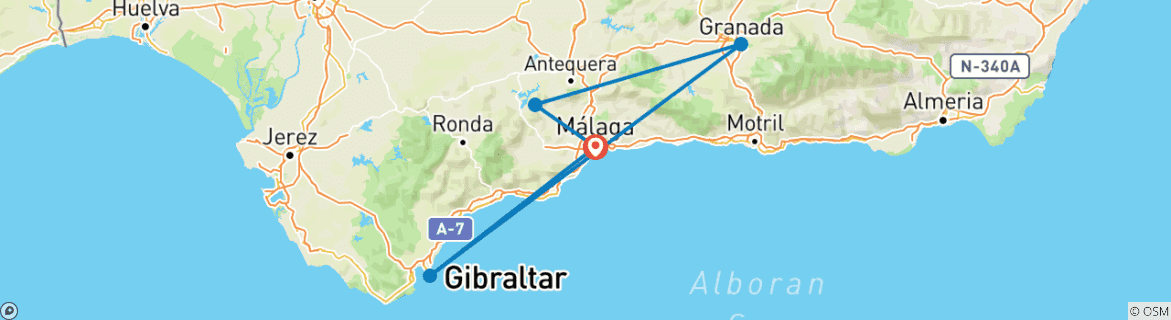 Carte du circuit Séjour de 6 jours à Malaga avec visite de Gibraltar, Grenade, l'Alhambra et le Caminito del Rey