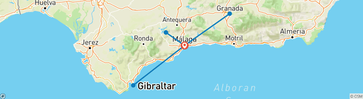 Map of 6 Day Malaga including visit to Gibraltar, Granada, Alhambra and Caminito del Rey