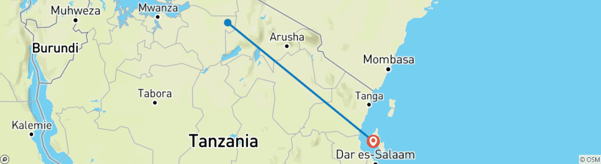 Mapa de Safari de 3 días en avión desde Zanzíbar al Serengeti