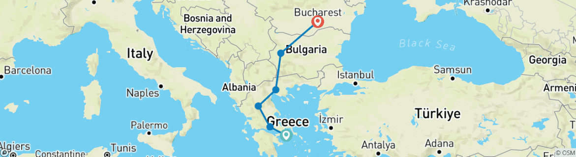 Image of a map showing the route of the tour