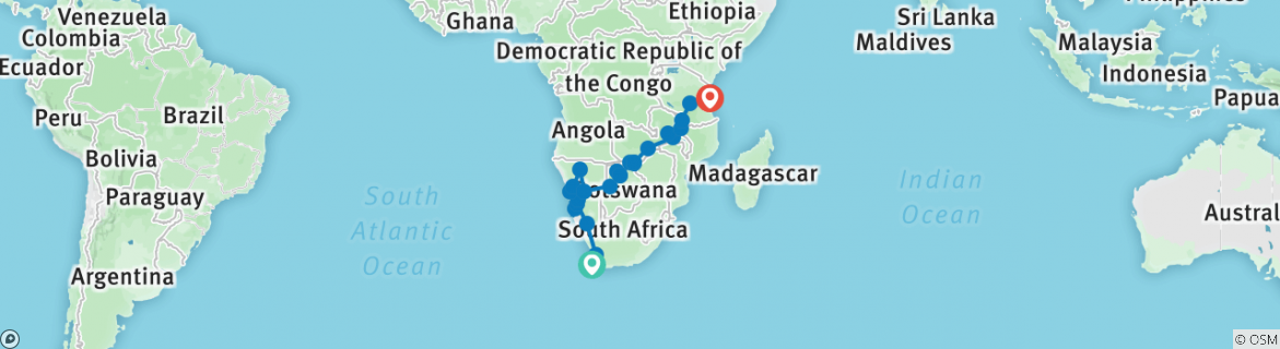 Karte von Von Kapstadt nach Sansibar (Camping) - 35 Tage