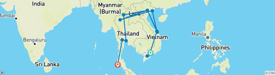 Map of 27 Days Indepth Vietnam & Thailand Tour  (private guide & driver）