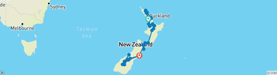 Carte du circuit Ultimate Nouvelle-Zélande (66 destinations)