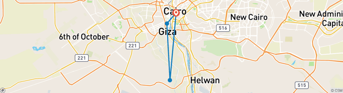 Carte du circuit Visite guidée privée de 3 jours comprenant tous les repas au Caire, les déjeuners et les transferts à l'aéroport.