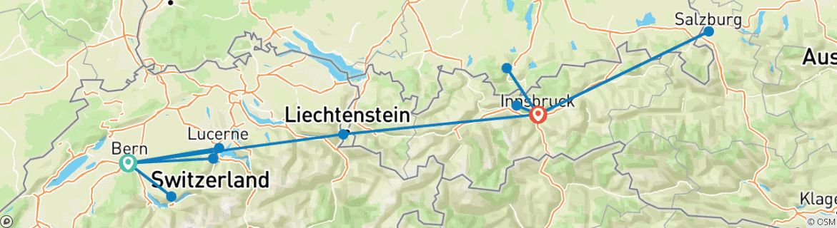 Carte du circuit Découvrez la Suisse, l'Autriche et la Bavière (de Berne à Innsbruck, 2026)