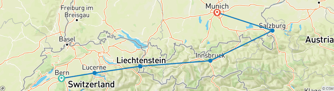 Map of Discover Switzerland, Austria & Bavaria featuring Oktoberfest (Bern to Munich)