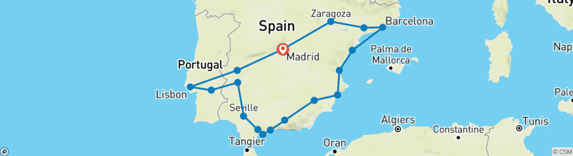 Map of Great Iberian Route (without Alhambra) (18 destinations)