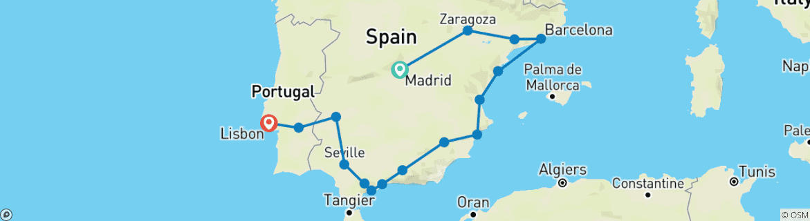 Map of Spanish Ring with Lisbon (without Alhambra) (16 destinations)