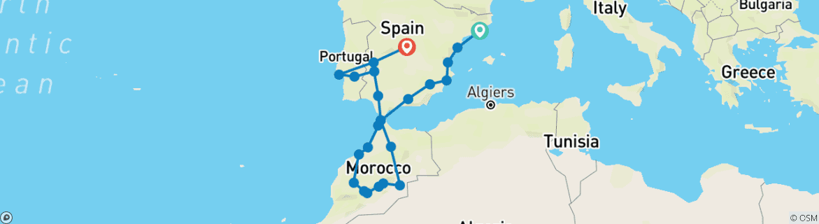 Map of Spain, Morocco and Portugal (without Alhambra) (24 destinations)