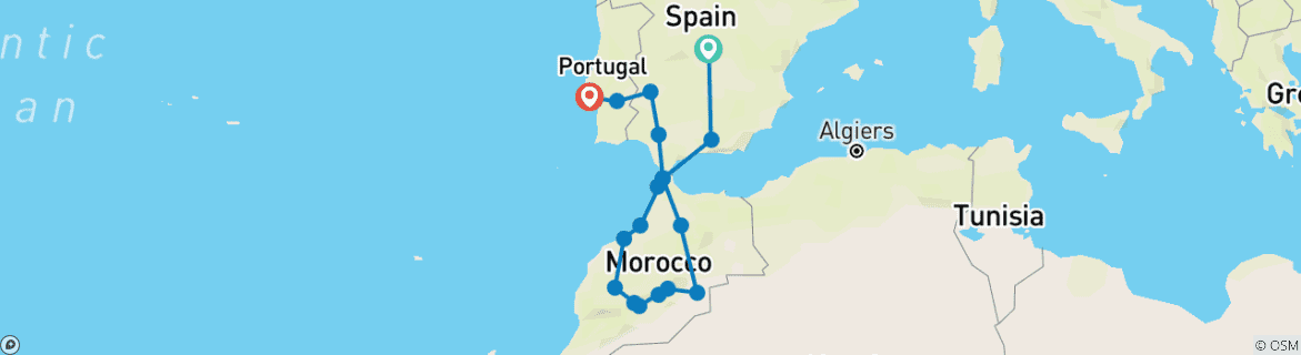 Map of Madrid, Andalusia, Morocco and Lisbon (without Alhambra) (18 destinations)