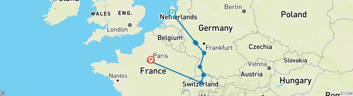 Map of European Highlights (Winter, End Paris, 7 Days)