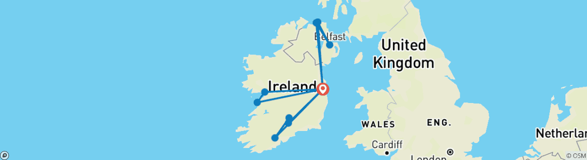 Map of 5 Day Dublin including Giants Causeway, Cliffs of Moher, Galway City & Cahir Castles