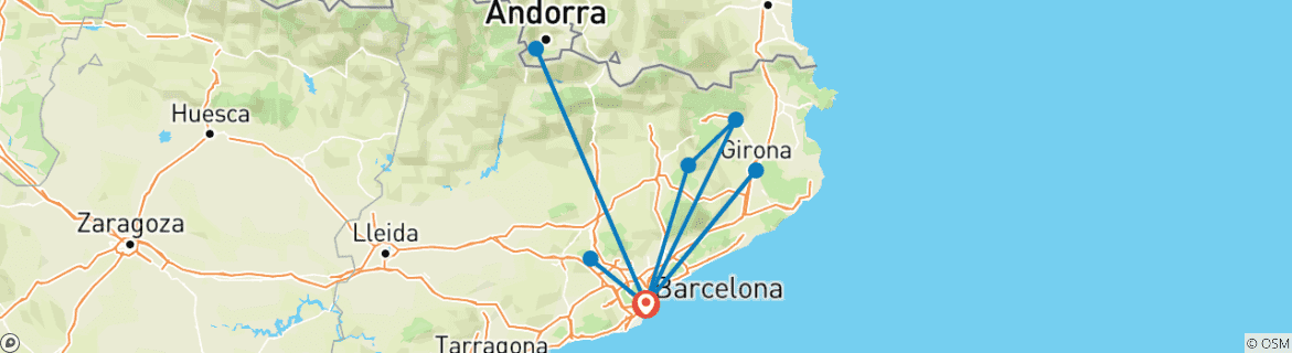 Map of 6 Day Barcelona including Montserrat, Besalu, Rupit, Girona & Andorra