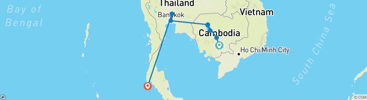 Karte von Mekong Flusskreuzfahrt in Kambodscha & Thailand mit privatem Reiseführer & Fahrer 14 Tage