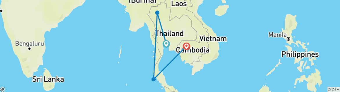 Mapa de Circuito de 12 Días por Tailandia y Camboya (guía y conductor privados）