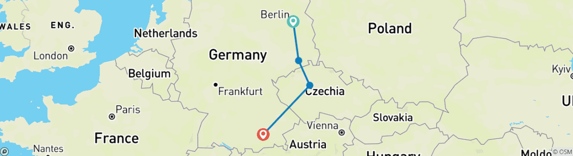 Mapa de Alemania y Checoslovaquia en 10 días (Berlín, Dresde, Praga y Múnich)