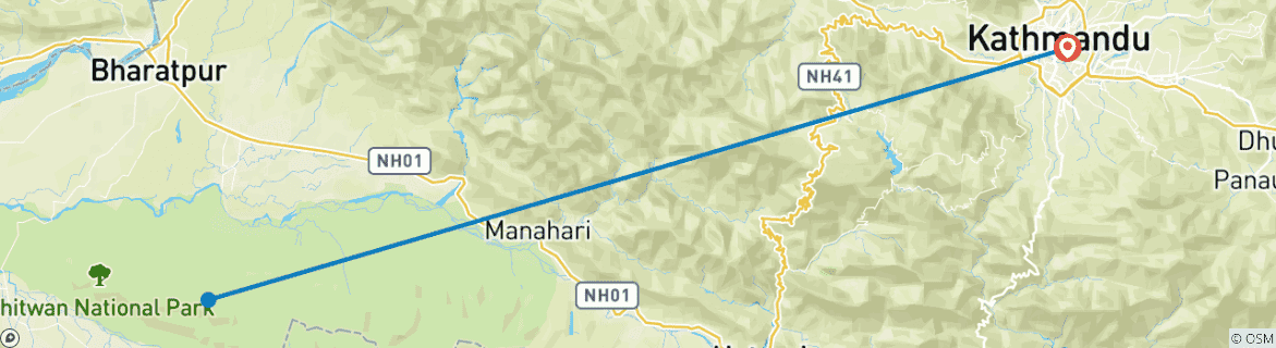 Karte von Chitwan Nationalpark ab Kathmandu mit dem Flugzeug 3 Tage