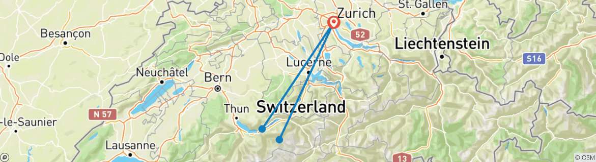 Map of 5 Day Zurich including Lake ferry, Cable Car, Mount Rigi, Grindelwald and Interlaken