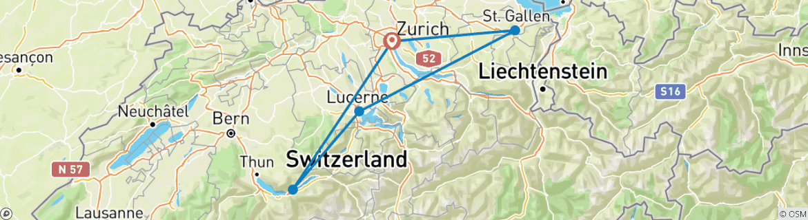 Karte von Schweiz Abenteuer mit Zürich, St. Gallen/Appenzell, Interlaken und Luzern 9 Tage