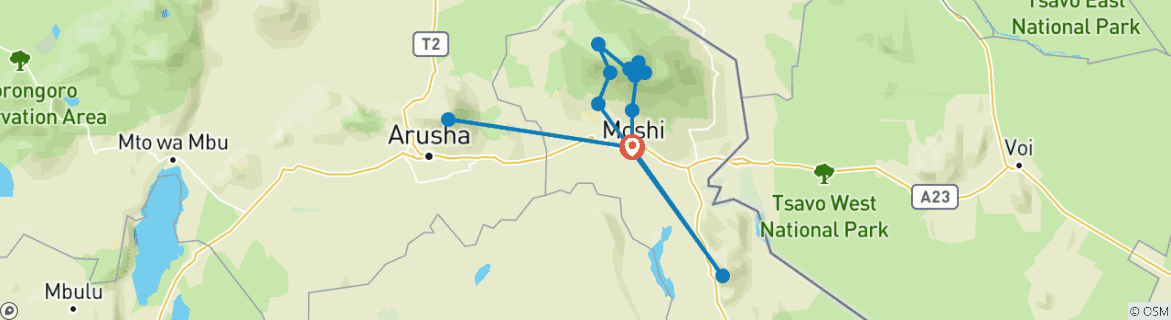 Map of Traumberge in Tansania: Mount Meru und Kilimandscharo. Und viele wilde Tiere.