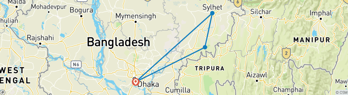 Foto van een kaart met de route van de rondreis